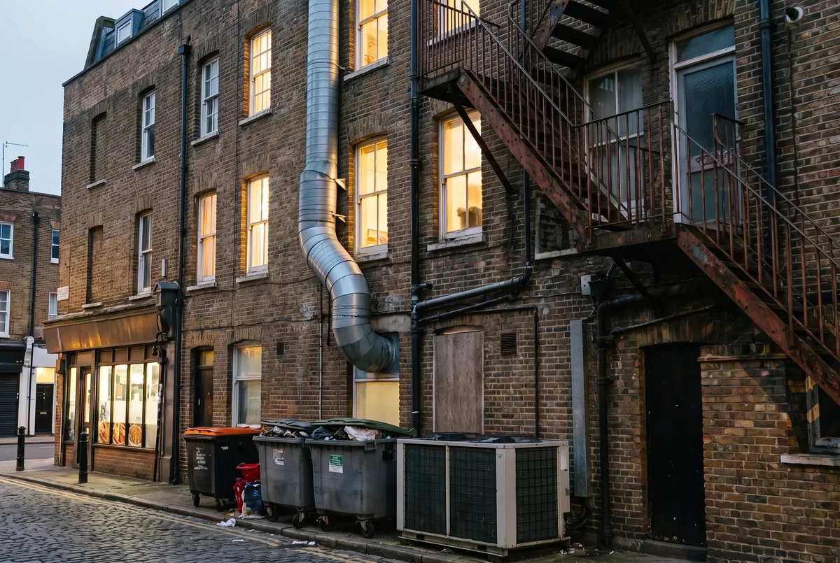 The back of a parade of shops with a large steel kitchen extraction duct running up the wall past the windows of the flats above