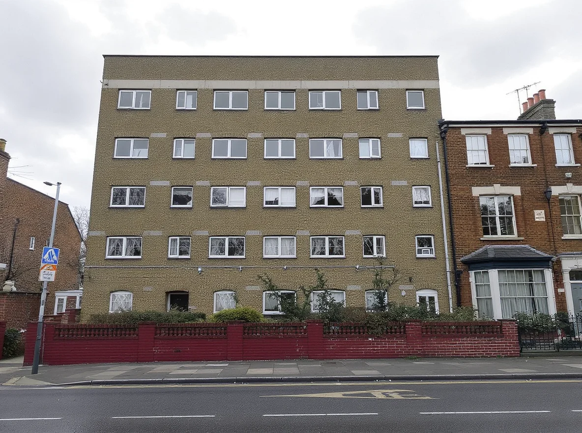 A purpose-built flat block with rows of windows beside a traditional semi-detached house on the same London street