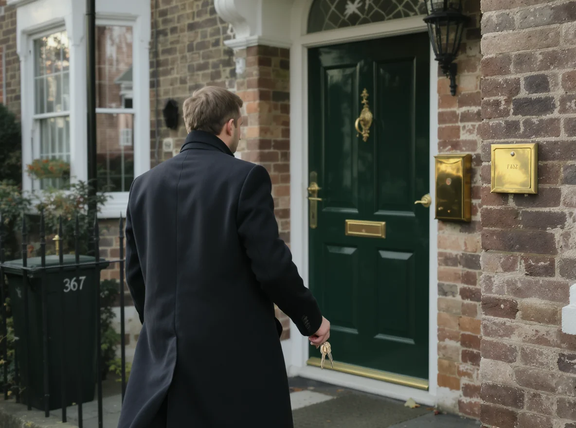 An owner-occupier walking up to the front door of a British residential flat, holding keys