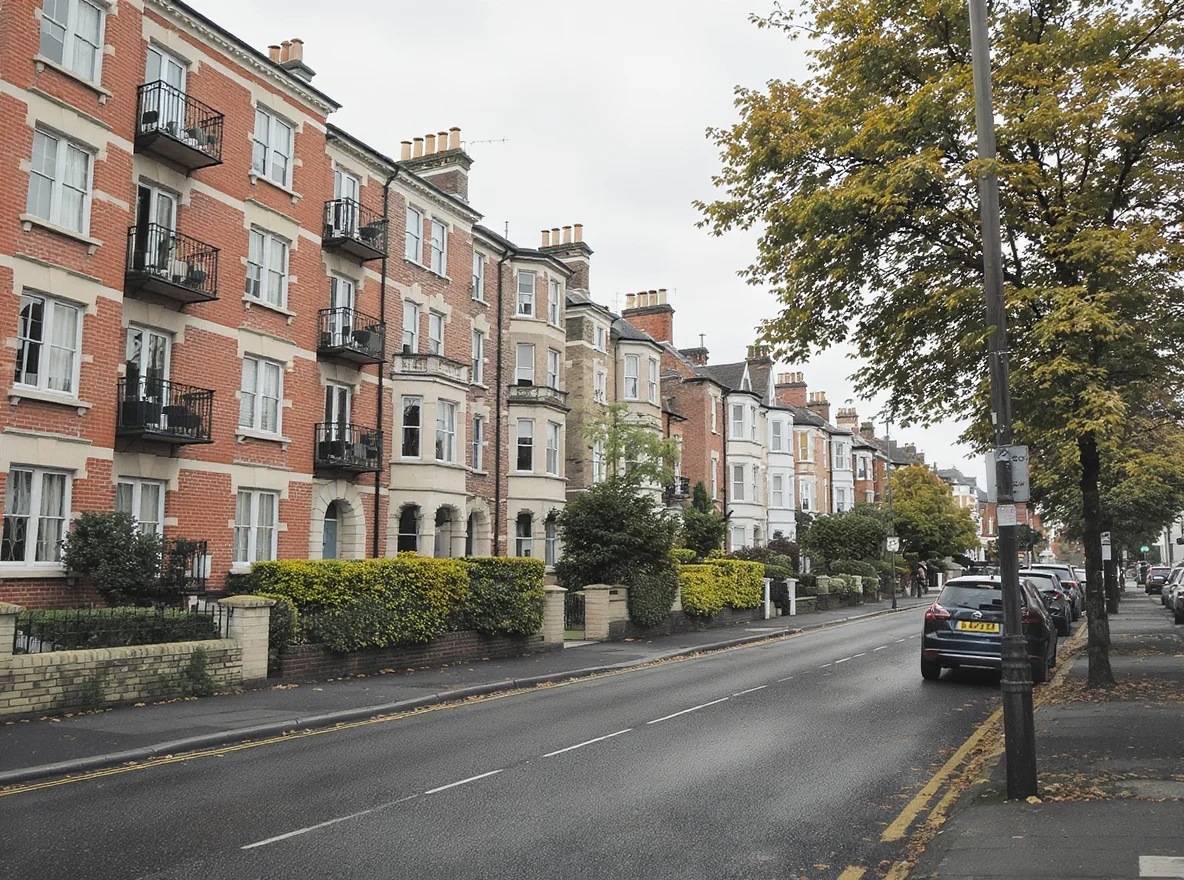A London street lined with tall red-brick Victorian terraces converted into flats, with parked cars under an overcast sky