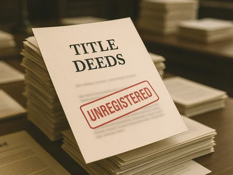 Pile of documents on a desk - document on the top of the pile says "Title Deeds - Unregistered"