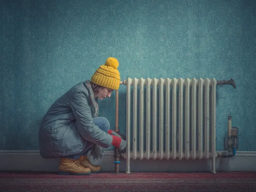 Woman in a hat and coat fixing a faulty radiator