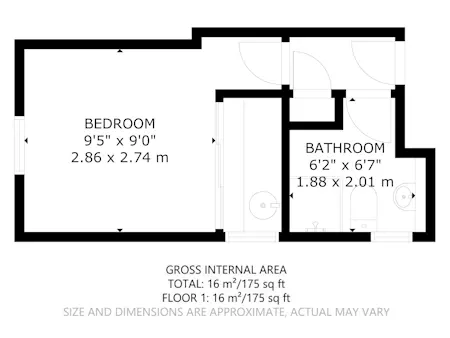 Floor plan of a very small studio flat with a floor size of 16 meters square
