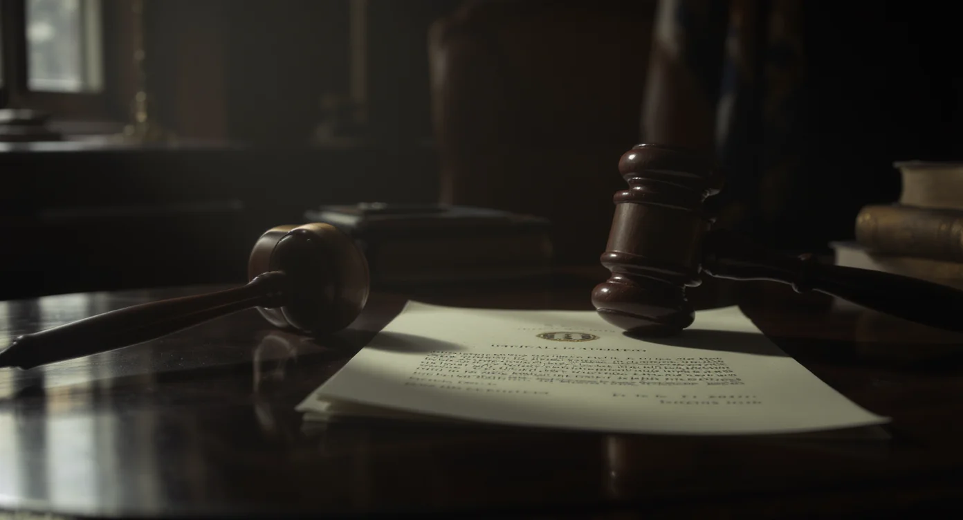 A judge's gavel beside a formal legal document on a dark desk