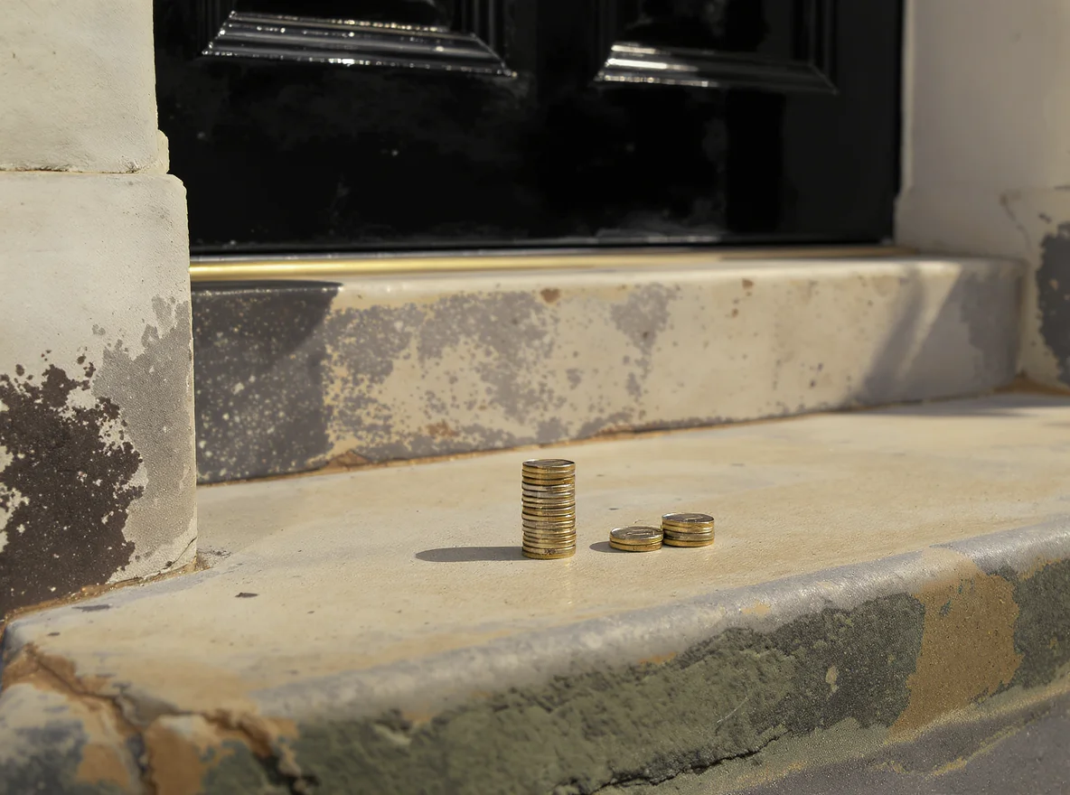 Small stacks of British pound coins resting on the worn stone doorstep of a period London townhouse, with a glossy black front door and brass letterplate above