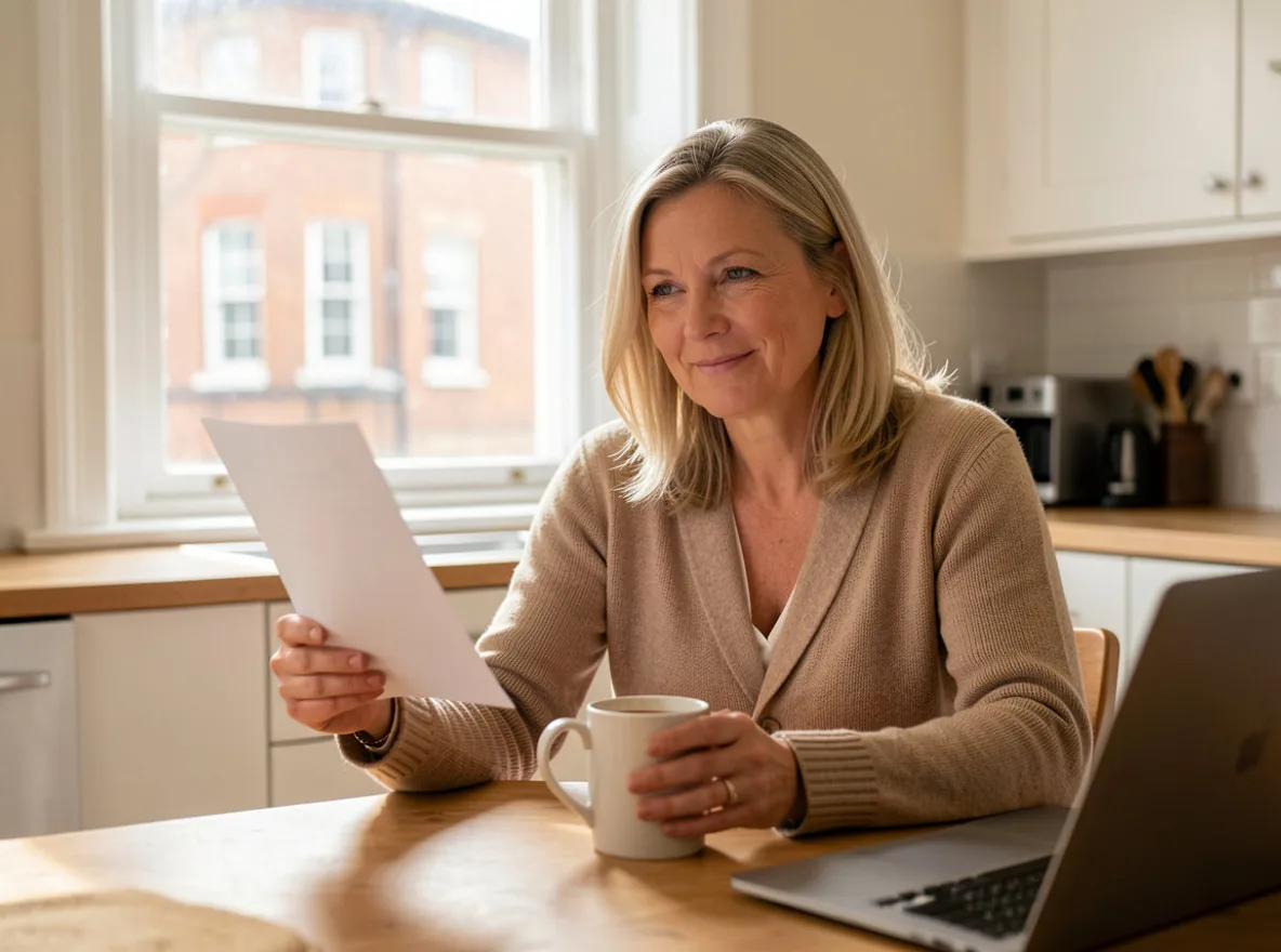A woman at her kitchen table holding a printed guide in one hand and a mug of tea in the other, with a laptop beside her and a brick block of flats through the window
