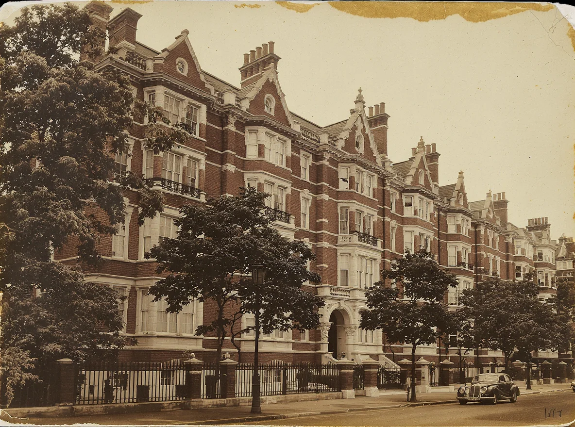An aged, sepia-toned antique photograph of a grand red-brick Victorian mansion block of flats on a leafy London street