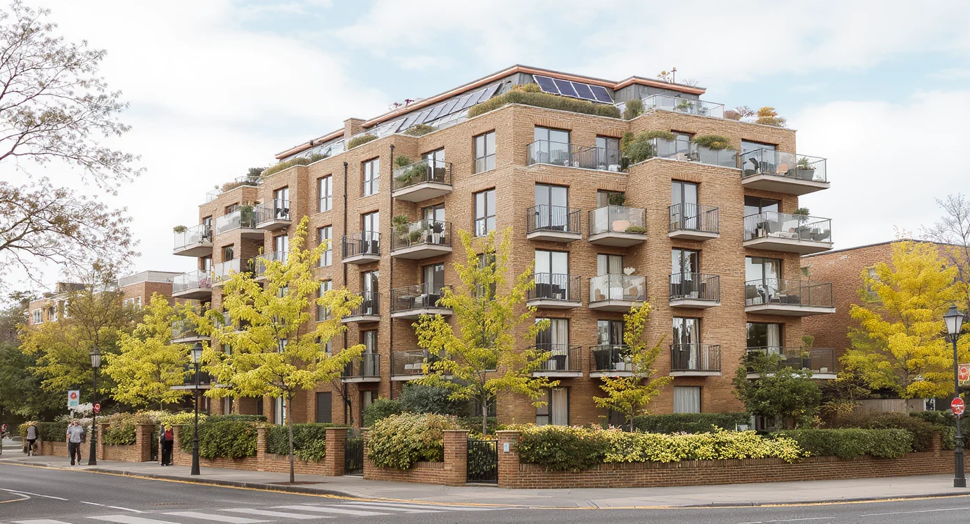 A modern mid-rise brick eco apartment building with balconies and rooftop solar panels, with street trees in front