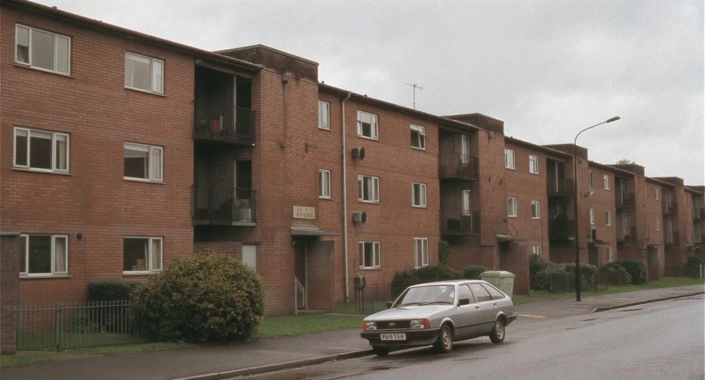 A faded 1980s colour photograph of a low-rise brick estate of council flats with balcony access, and a single period 1980s car parked at the kerb