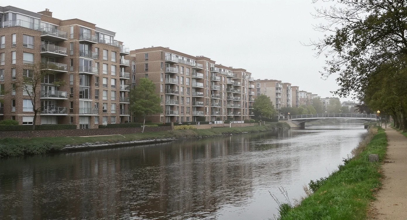 Contemporary brick riverside apartment blocks with balconies lining a calm river, with a towpath and trees along the bank