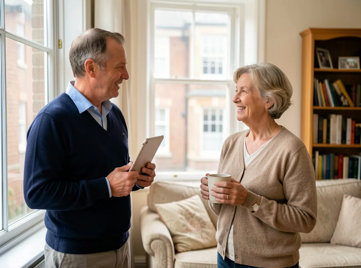 One of our directors chatting with a flat owner in her living room during a viewing; she holds a mug of tea and he holds a tablet