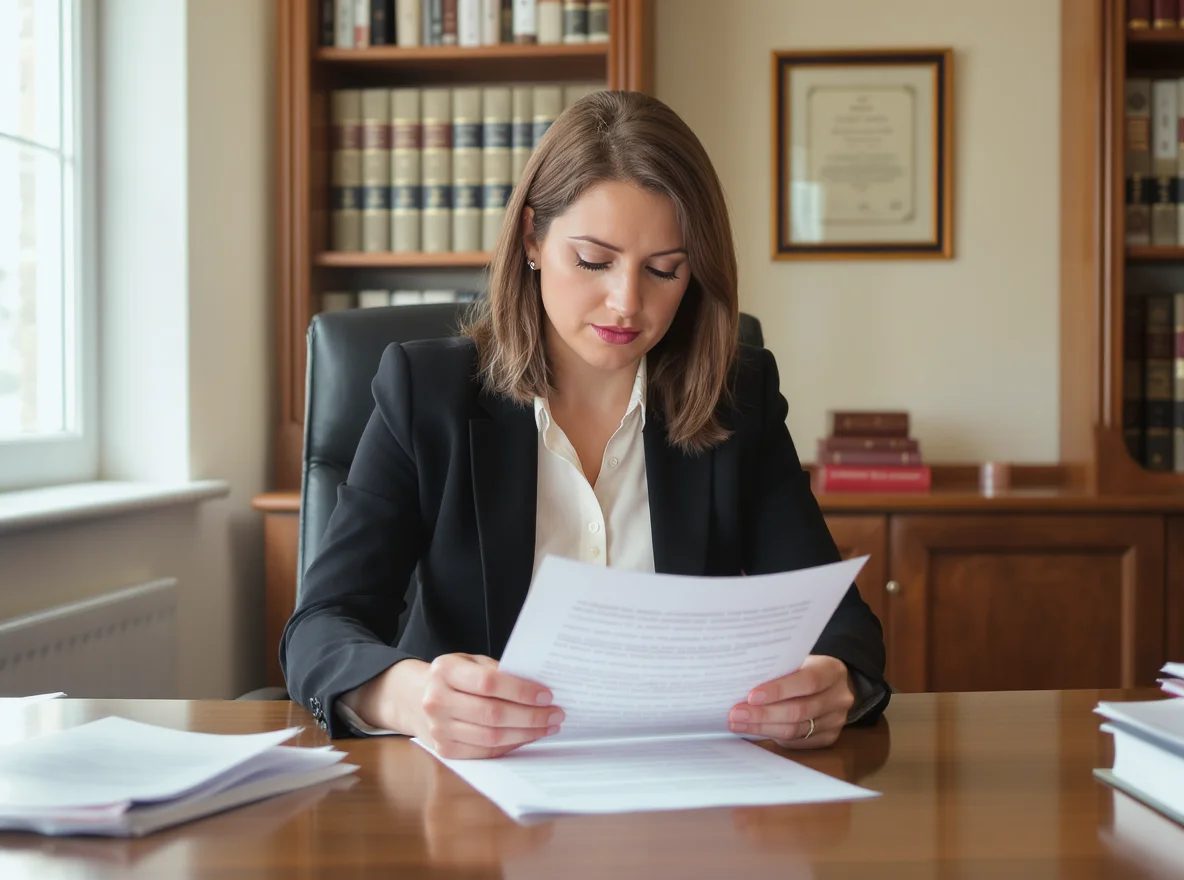 A female solicitor at her desk in a British law office, reading a stapled legal contract laid flat on the desk in front of her