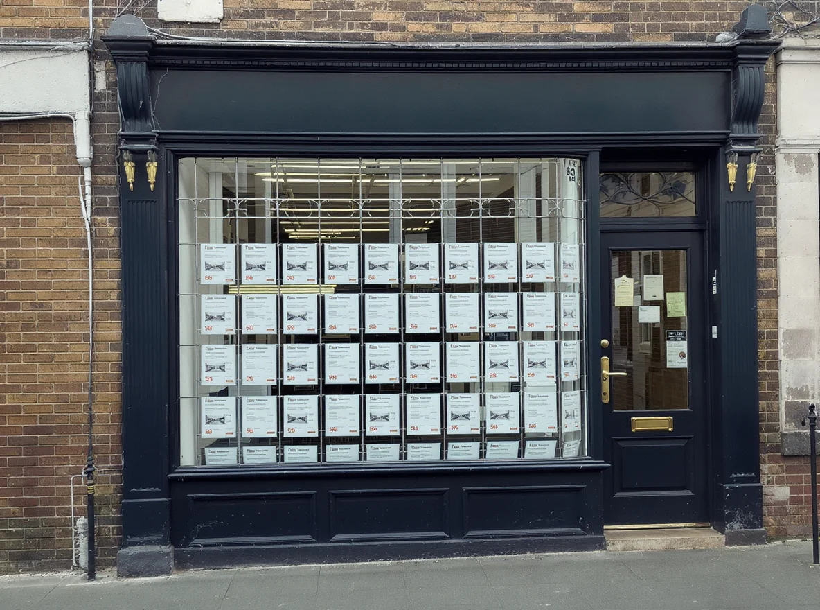Exterior of a London estate agent's shop window with property listing cards on display