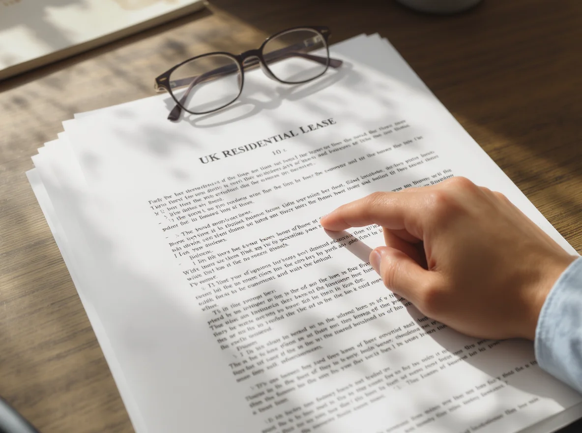 Close-up overhead view of an open printed UK residential lease document on a wooden desk, with reading glasses and a pen