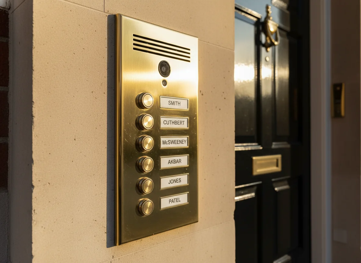 Close-up of a polished brass intercom panel at the front entrance of a London residential block of flats, with surname labels beside each call button