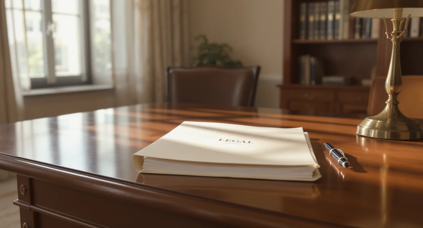 Legal document folder on a polished desk with a fountain pen and brass desk lamp