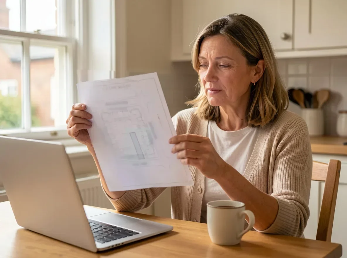 A woman at a kitchen table reading a title plan held up in front of her, the map and red edging faintly visible through the back of the sheet, with an open laptop and a mug of tea beside her