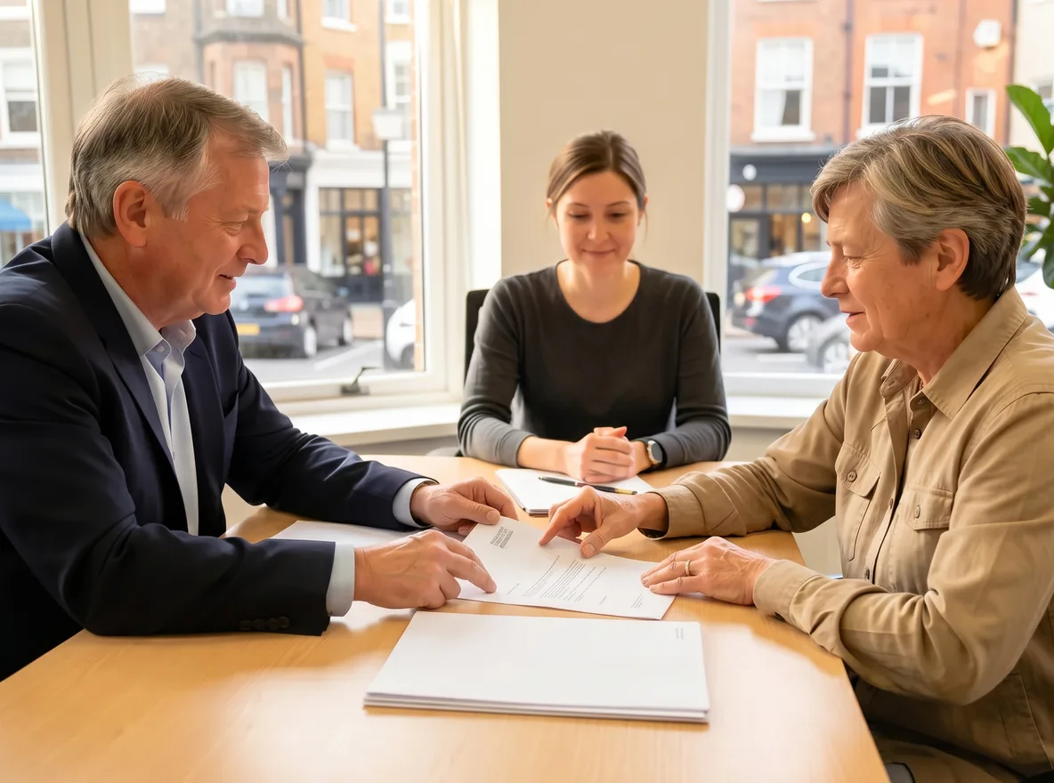 A solicitor across a desk from a couple in their sixties, pointing to a letter on the desk, with a London street through the window behind
