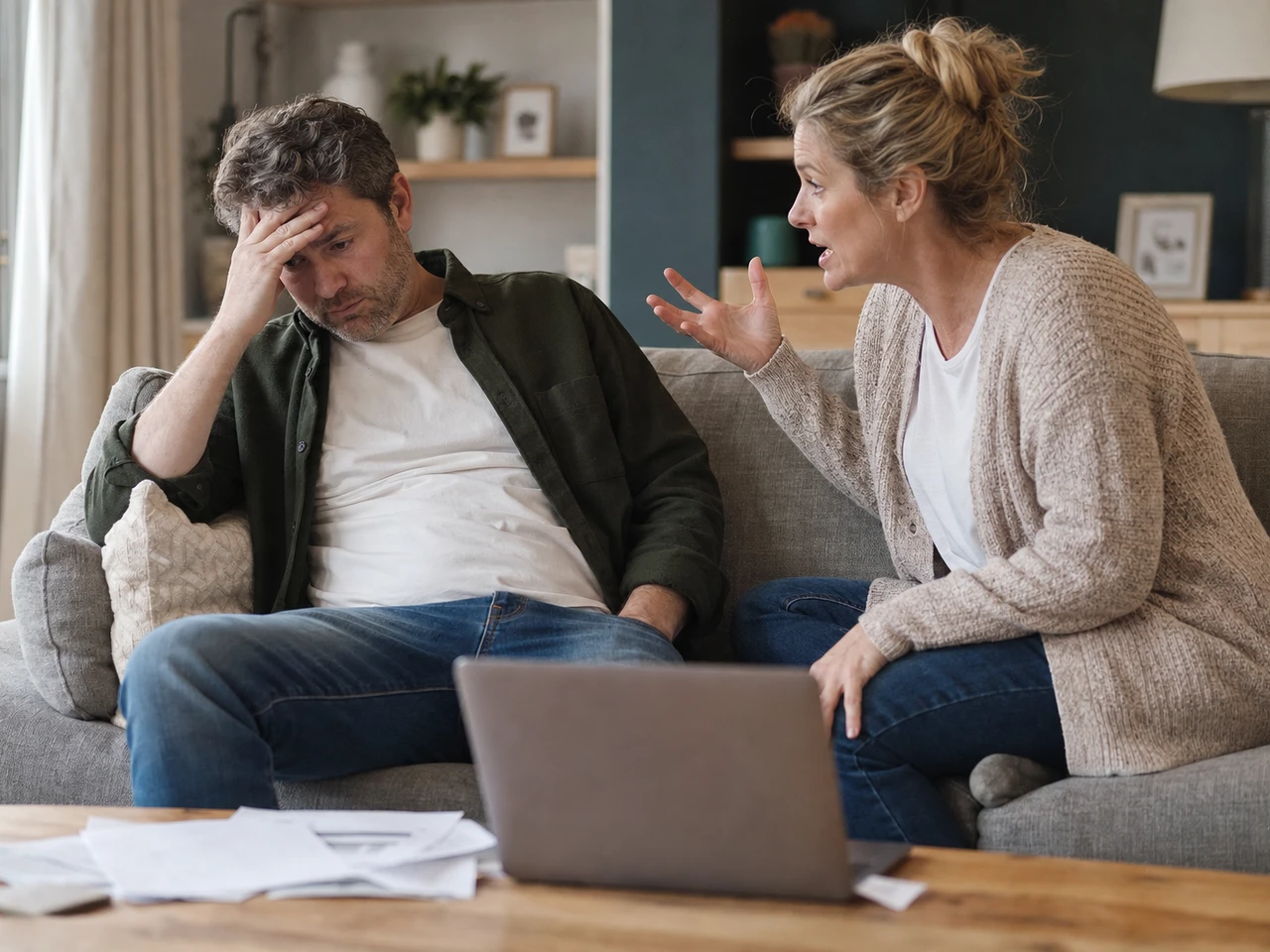 A man sitting on a sofa with his head in his hand looking regretful while his partner gestures in frustration, with a laptop and household paperwork on the coffee table
