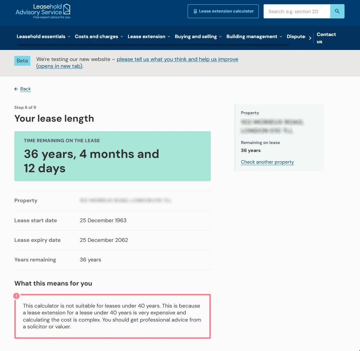 The LEASE tool showing a lease with 36 years, 4 months and 12 days remaining, with lease start and expiry dates and a warning that the calculator does not price leases under 40 years