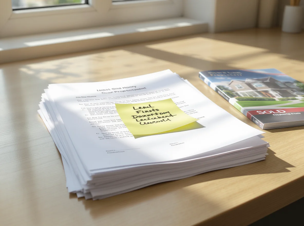 Stack of UK property and leasehold legal documents on a desk