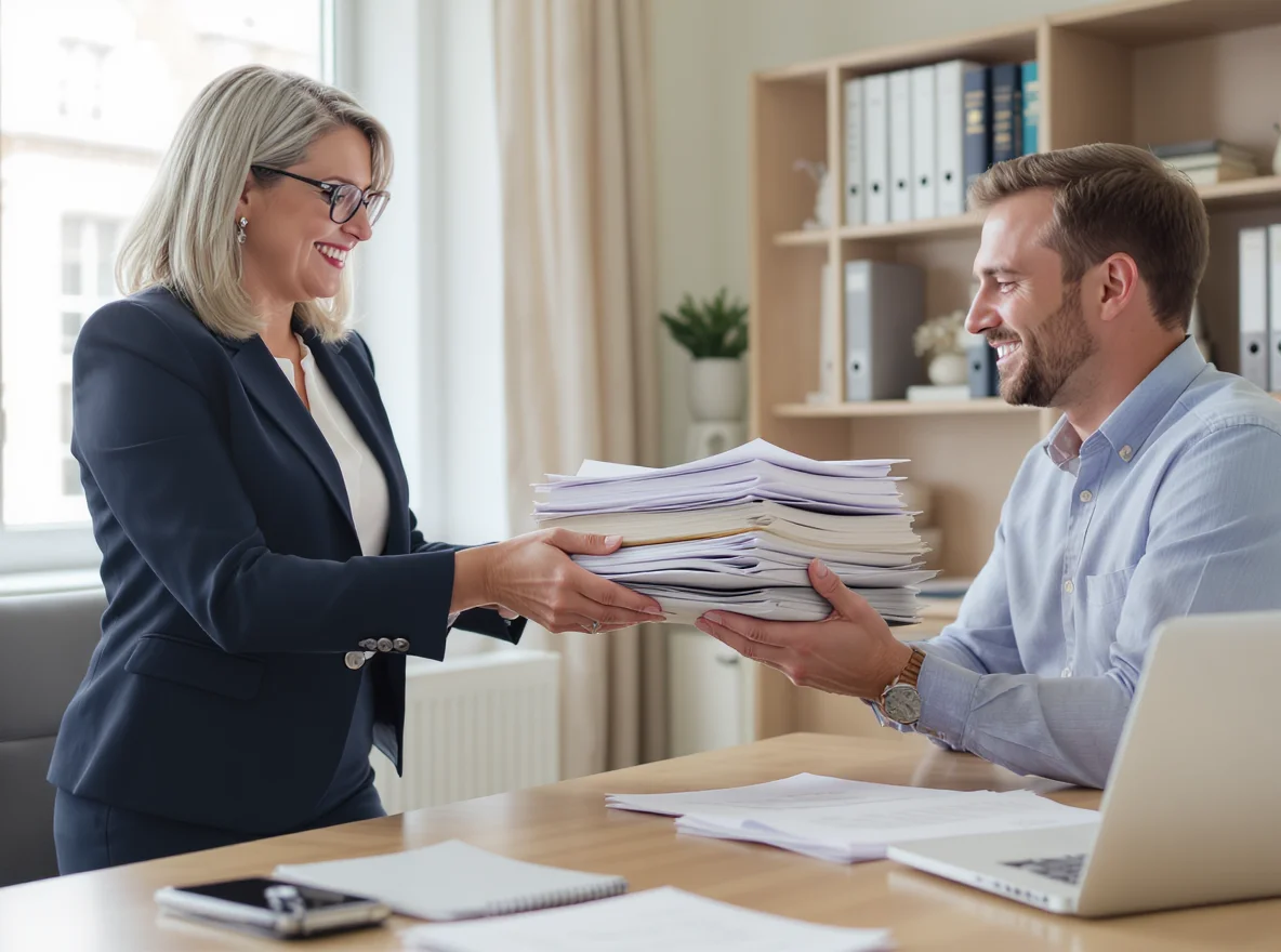 A conveyancing solicitor passes a thick bundle of leasehold sale documents across the desk to a seller