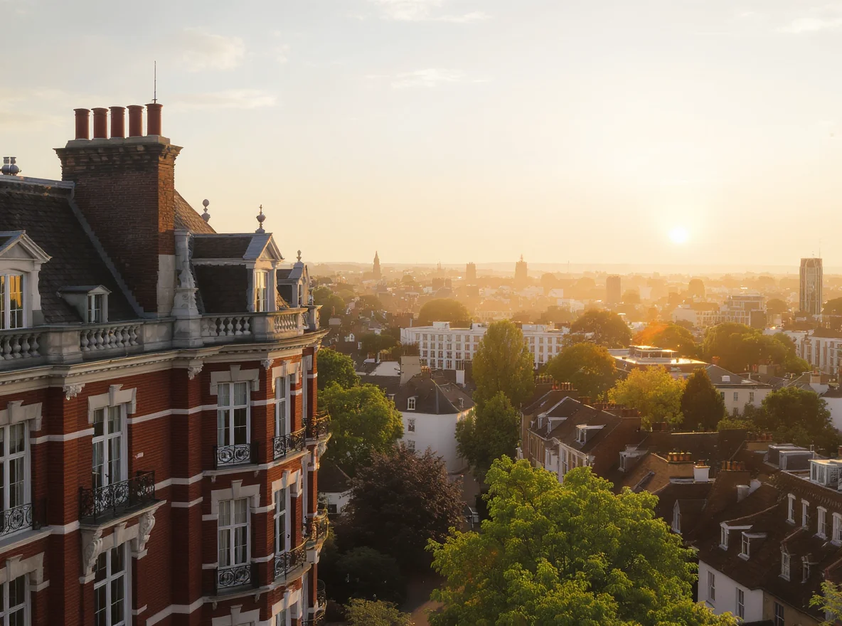 Aerial view across London rooftops at sunrise with a foreground Edwardian mansion block, a varied skyline of period and modern flats stretching to the horizon