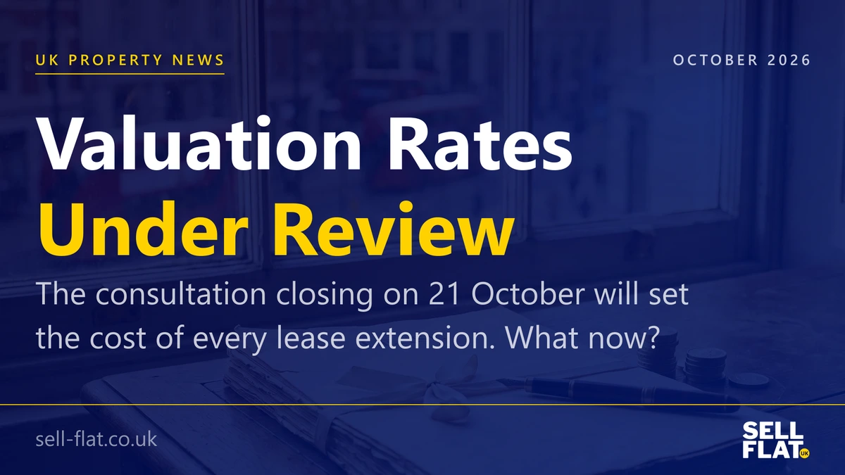 Feature card reading Valuation Rates Under Review, October 2026, over a photo of a bound lease tied with ribbon on a desk by a window, with red London buses outside