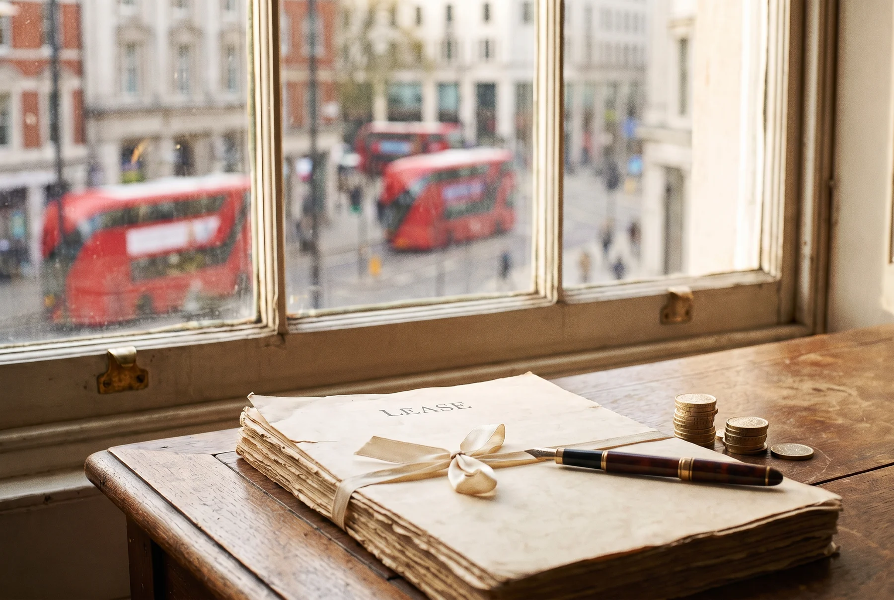 A bound lease document tied with ribbon on a desk by a sash window, with red London buses passing on the street outside