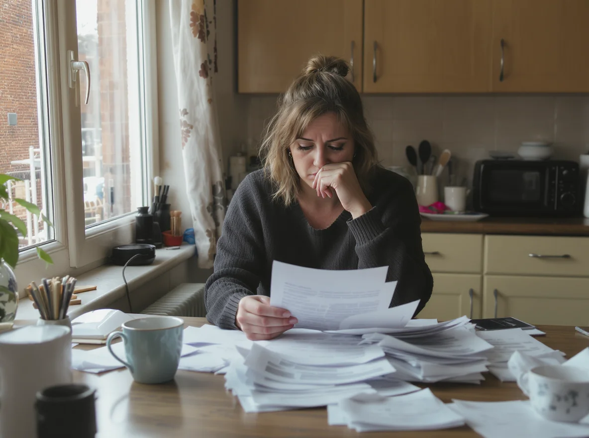 A woman looks worried as she reads through a pile of paperwork at the kitchen table of her flat