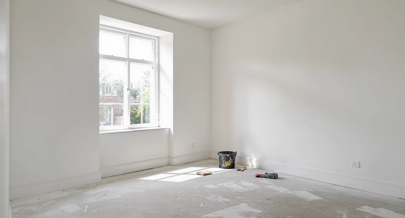 An empty room in a leasehold flat mid-renovation with fresh plaster walls