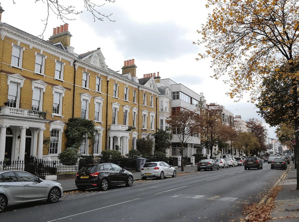 A London residential street with a Victorian terrace and a purpose-built flat block
