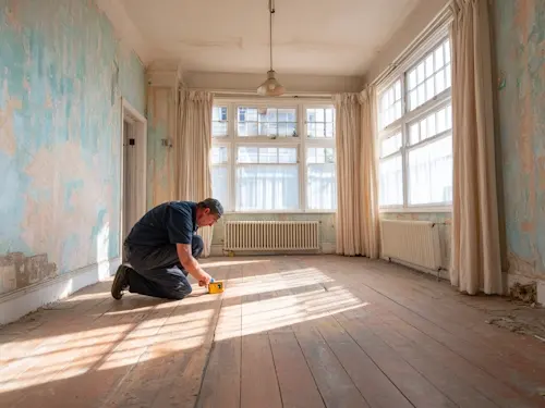 London flat with bare floorboards and workman measuring room size