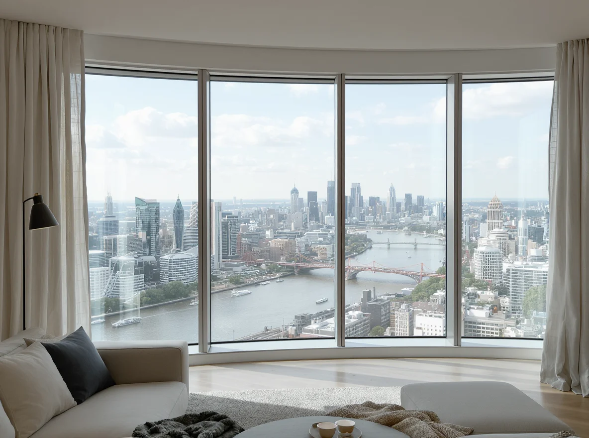 Interior view from a high-floor London flat looking out at the River Thames