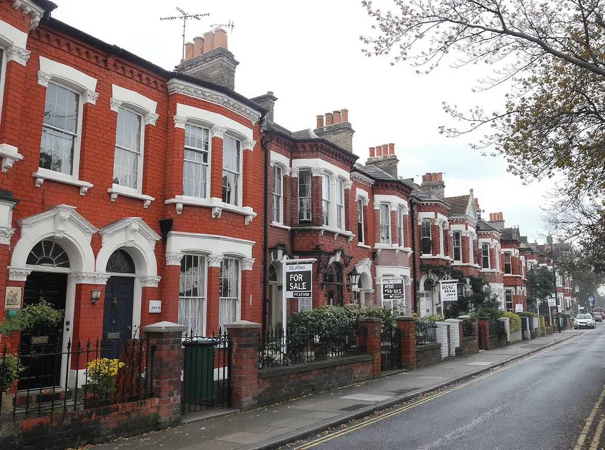 Row of London Victorian terraces with multiple For Sale boards