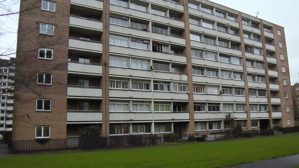 Mid-rise 1960s ex-council block in London with recessed balconies and a communal lawn