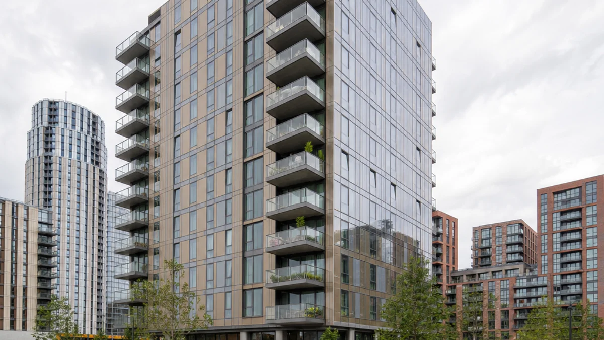 Modern glass residential tower in a London regeneration area with stacked balconies