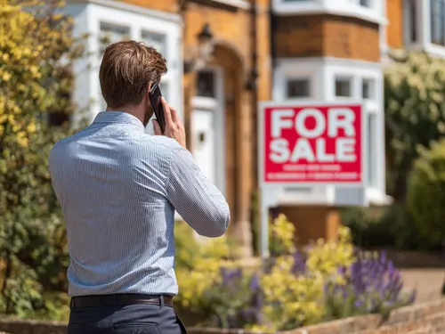 Man on phone looking at for sale sign outside his flat