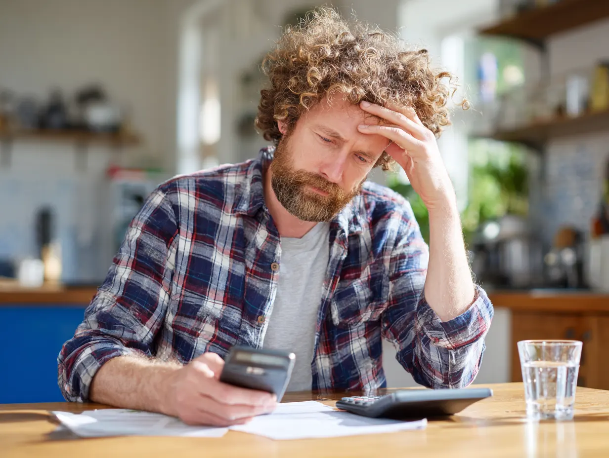 Man with hand to head looking at calculator