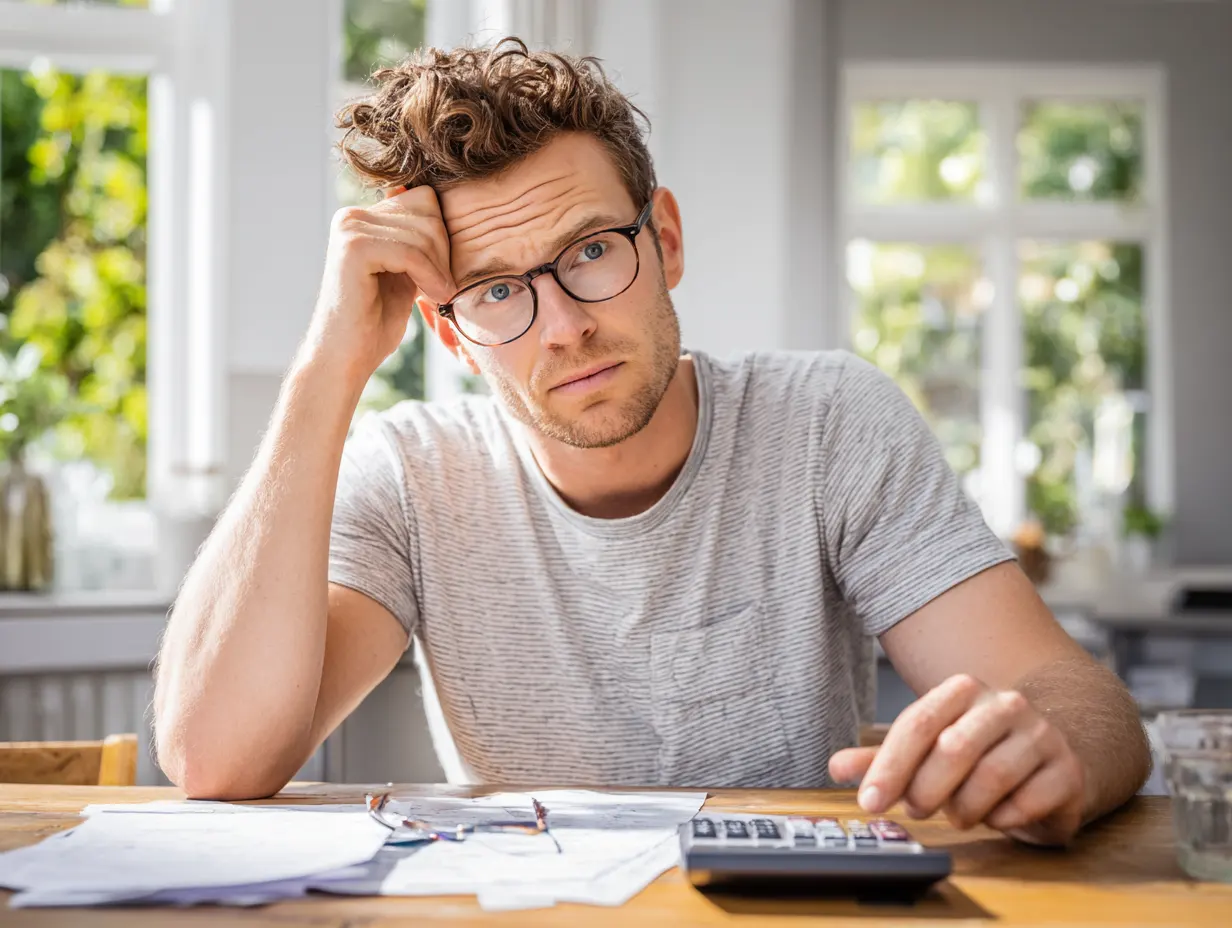 Man with tense expression using a calculator