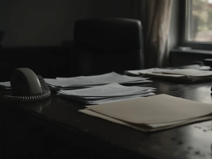 A property management desk with a pile of unopened documents and an unanswered telephone