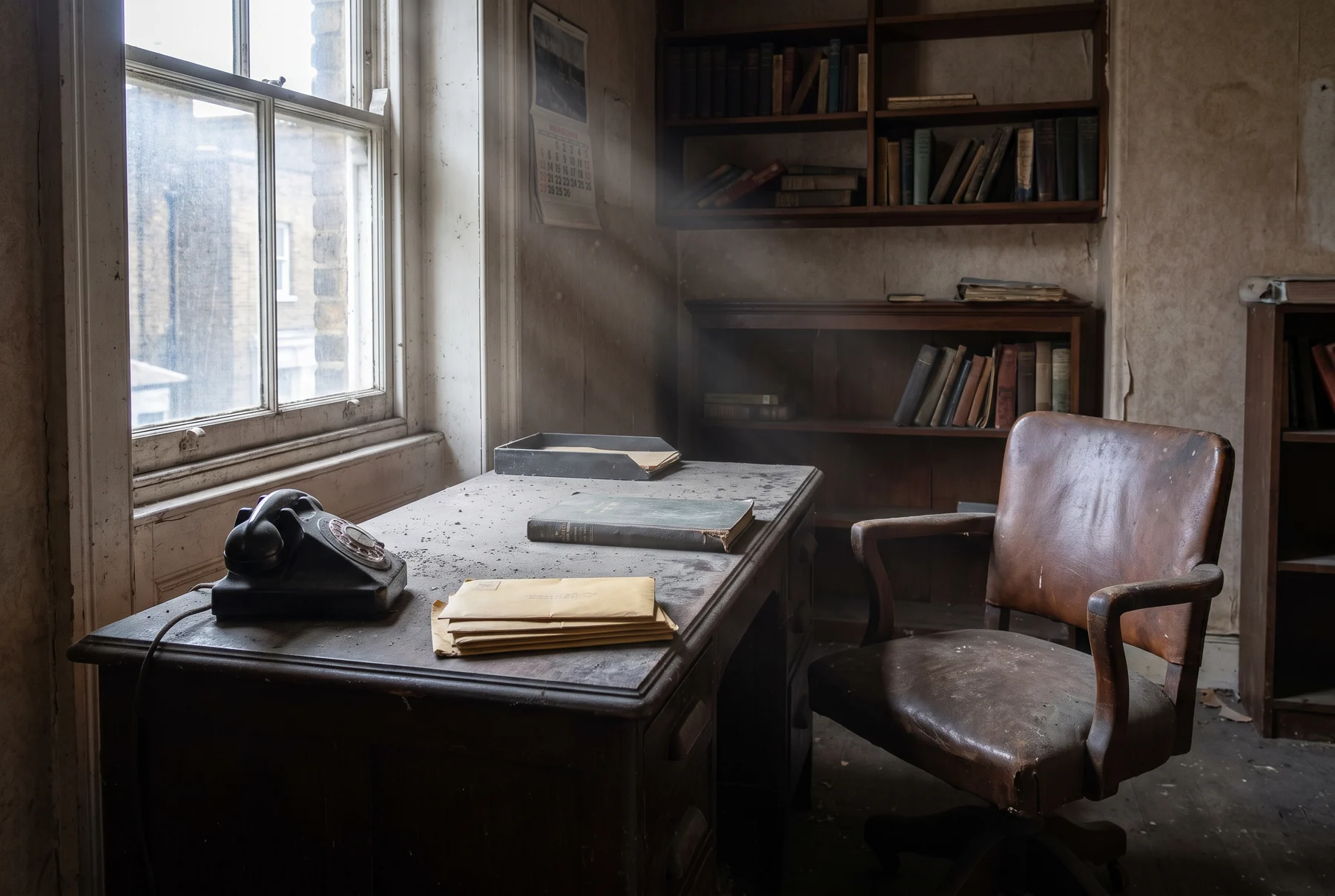 An empty office chair pushed back from a dusty desk with an old telephone and unopened post, lit by a window: the absent freeholder