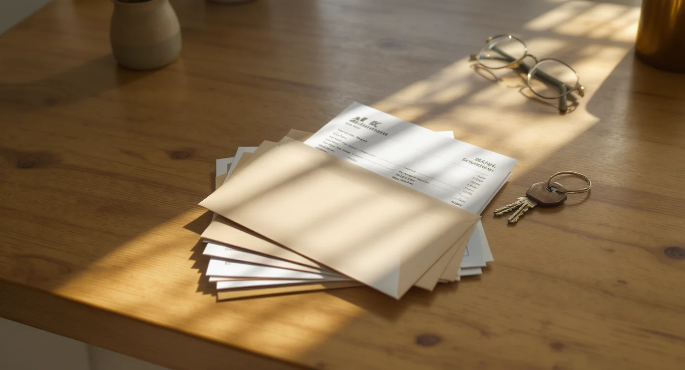 Kitchen table in a British leasehold flat with unopened bills, a set of flat keys and reading glasses in soft daylight, suggesting financial pressure