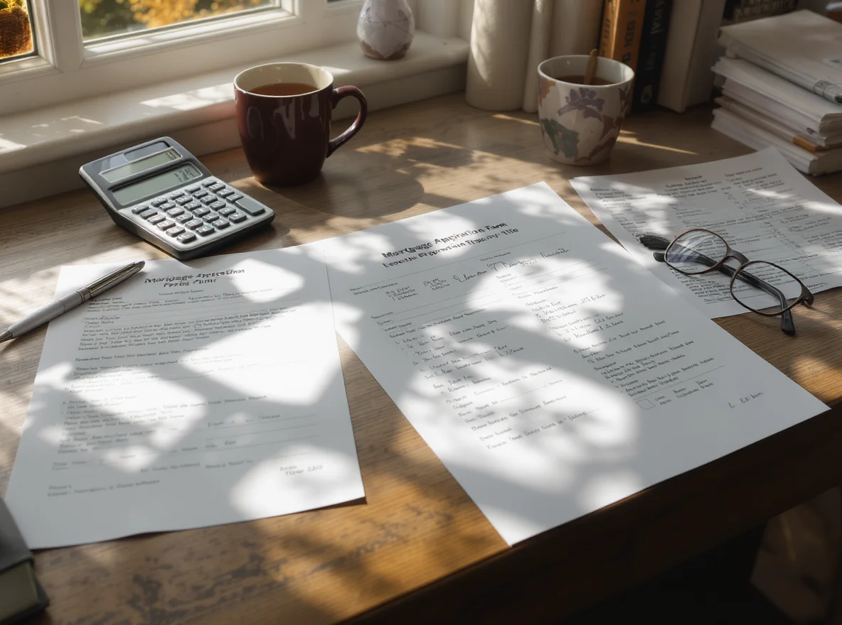 Desk with a mortgage application and leasehold title document, calculator and reading glasses representing a short-lease mortgage review