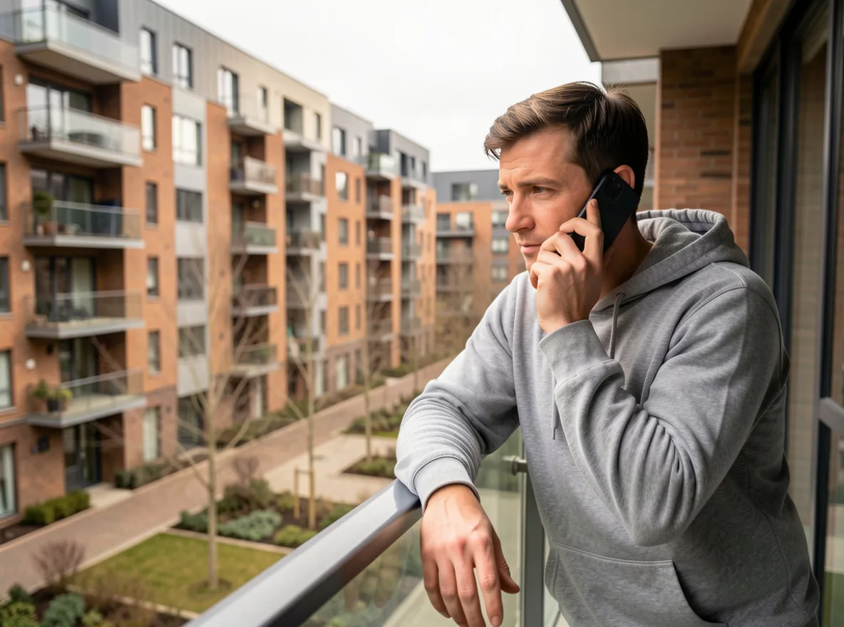 A man in a grey hooded top on the balcony of his new-build flat, phone to his ear, looking out over the other blocks on the development