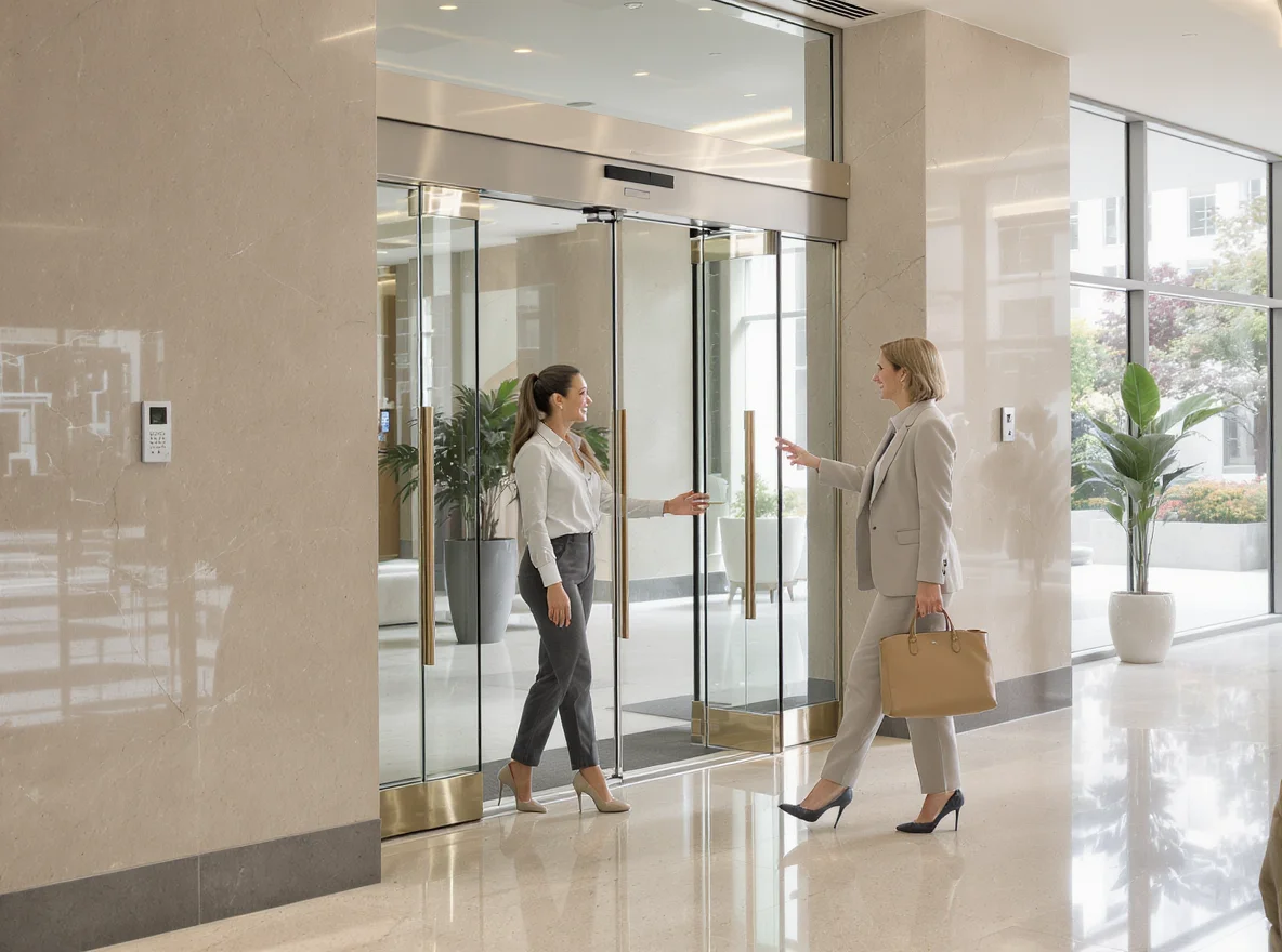 Two women at the entrance to a modern residential apartment block