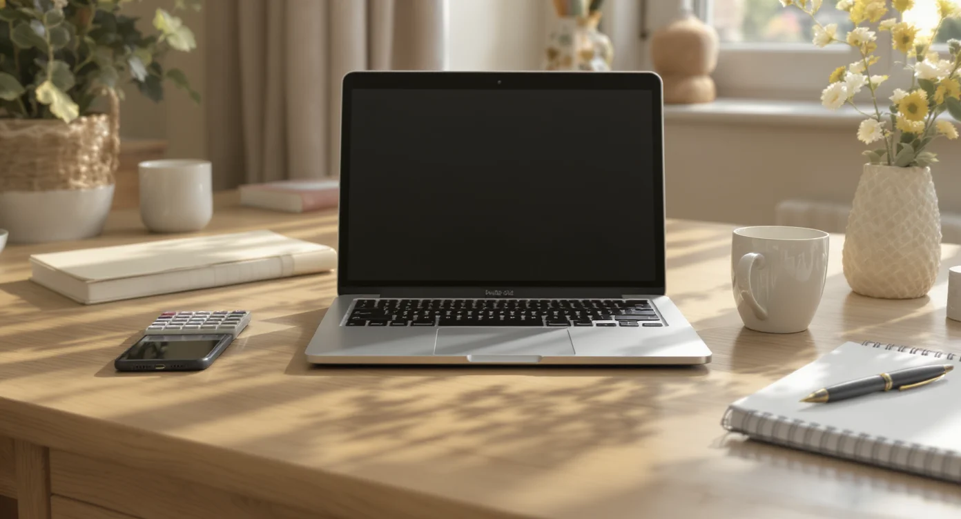 A laptop, calculator and notebook on a desk, representing a private flat sale