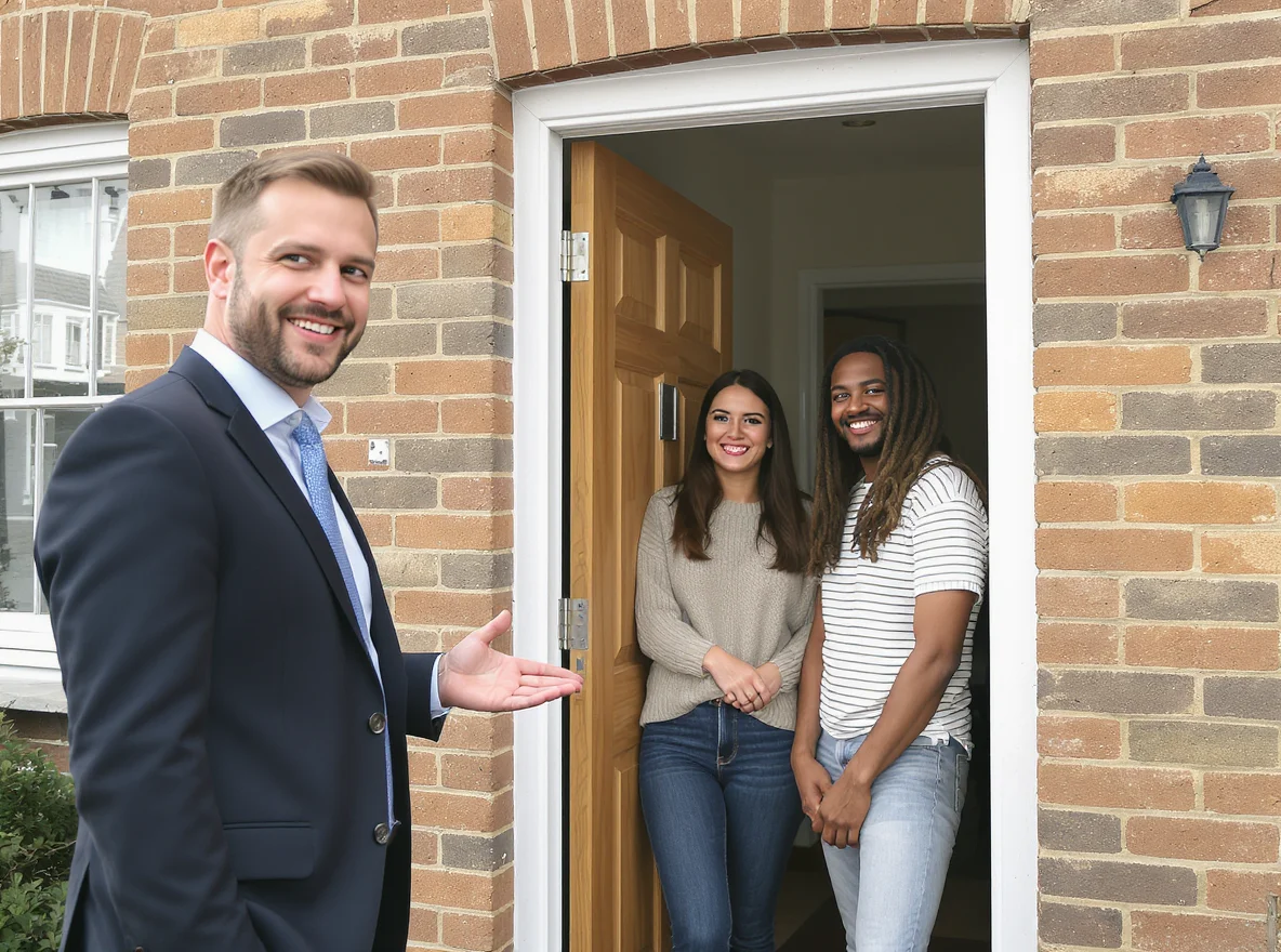 An estate agent welcoming a young couple at the front door of a British flat