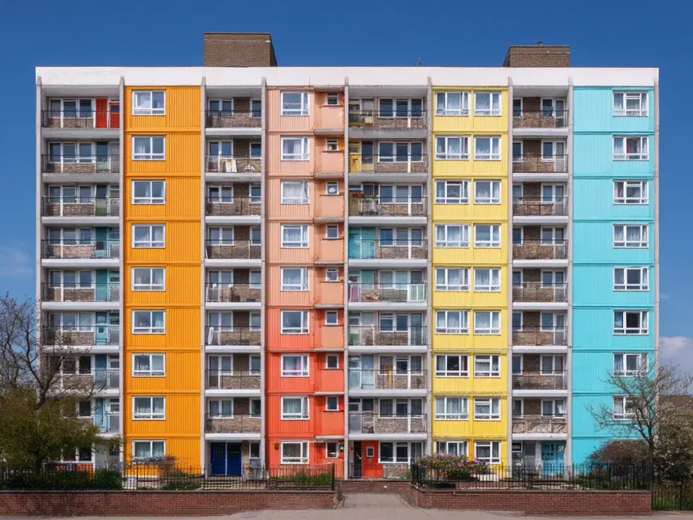 Brightly coloured non-standard construction block of flats