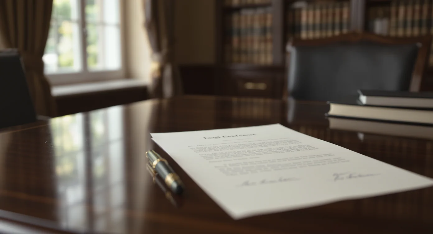 A signed legal document and fountain pen on a solicitor's desk